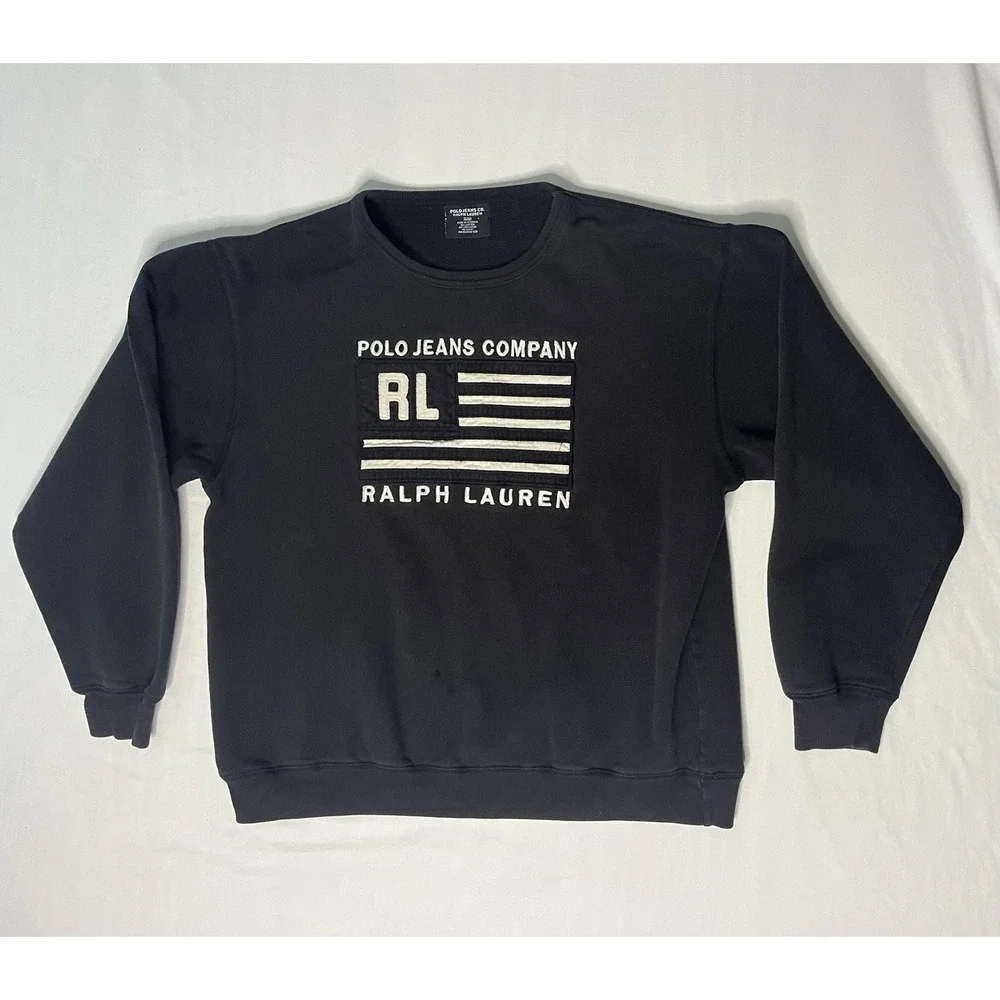 Polo Ralph Lauren Graphic Sweatshirt Men's SZ Large Black Crewneck American Flag